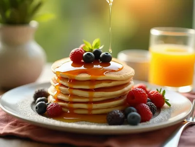 Stack Of Pancakes With Fresh Berries And Syrup