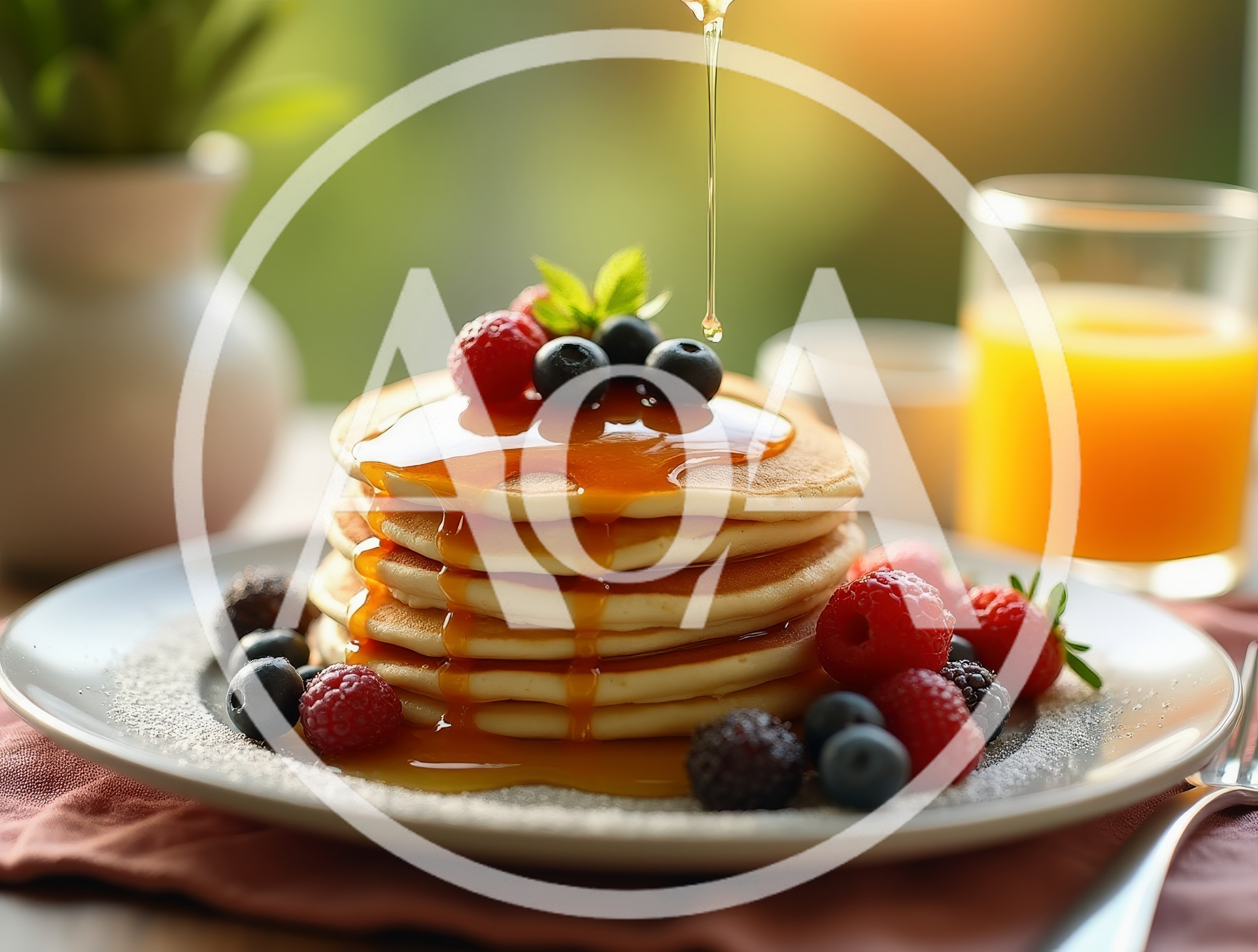 Stack Of Pancakes With Fresh Berries And Syrup
