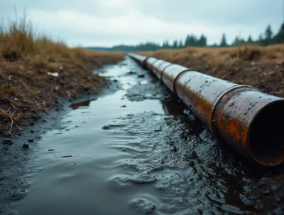 Rusty Industrial Pipeline Running Through Muddy Wetland Landscape