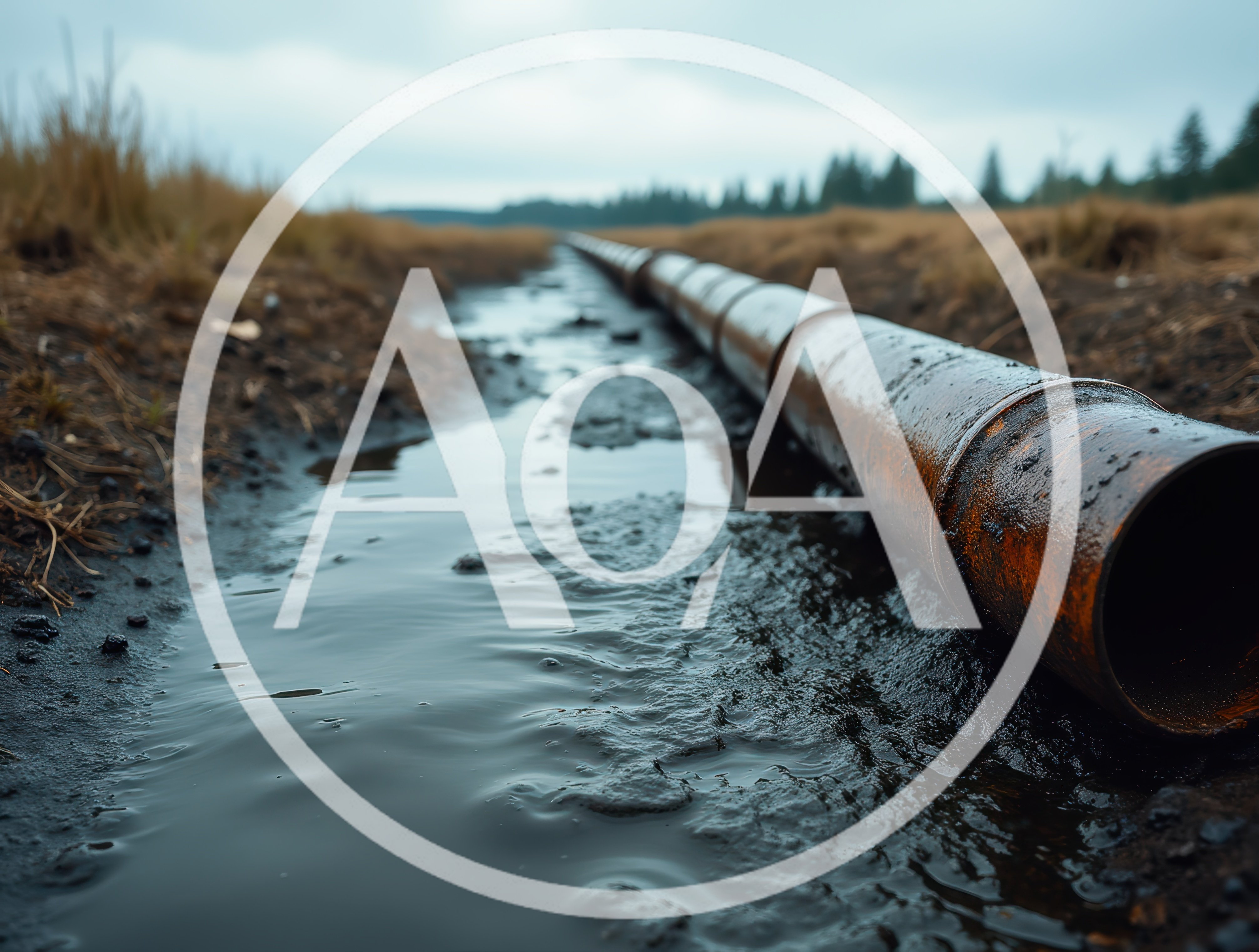 Rusty Industrial Pipeline Running Through Muddy Wetland Landscape