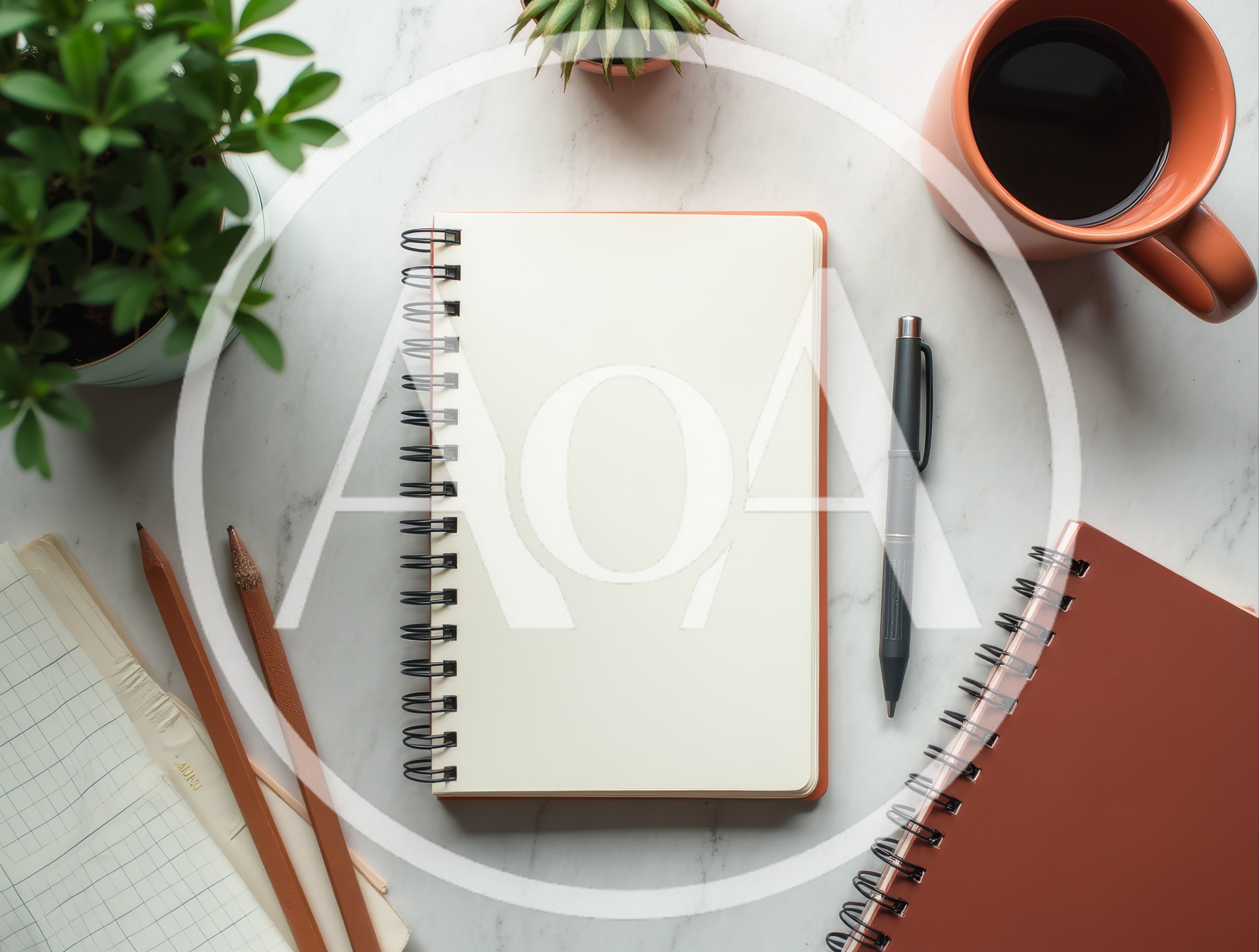 Top View Of A Desk With Notebooks And Coffee