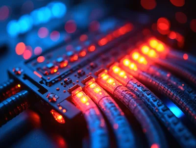 Close Up Of Glowing Fiber Optic Data Cables