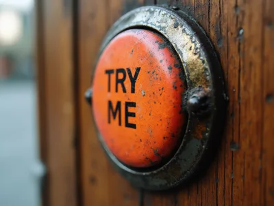 Weathered Orange Try Me Button On Wooden Surface