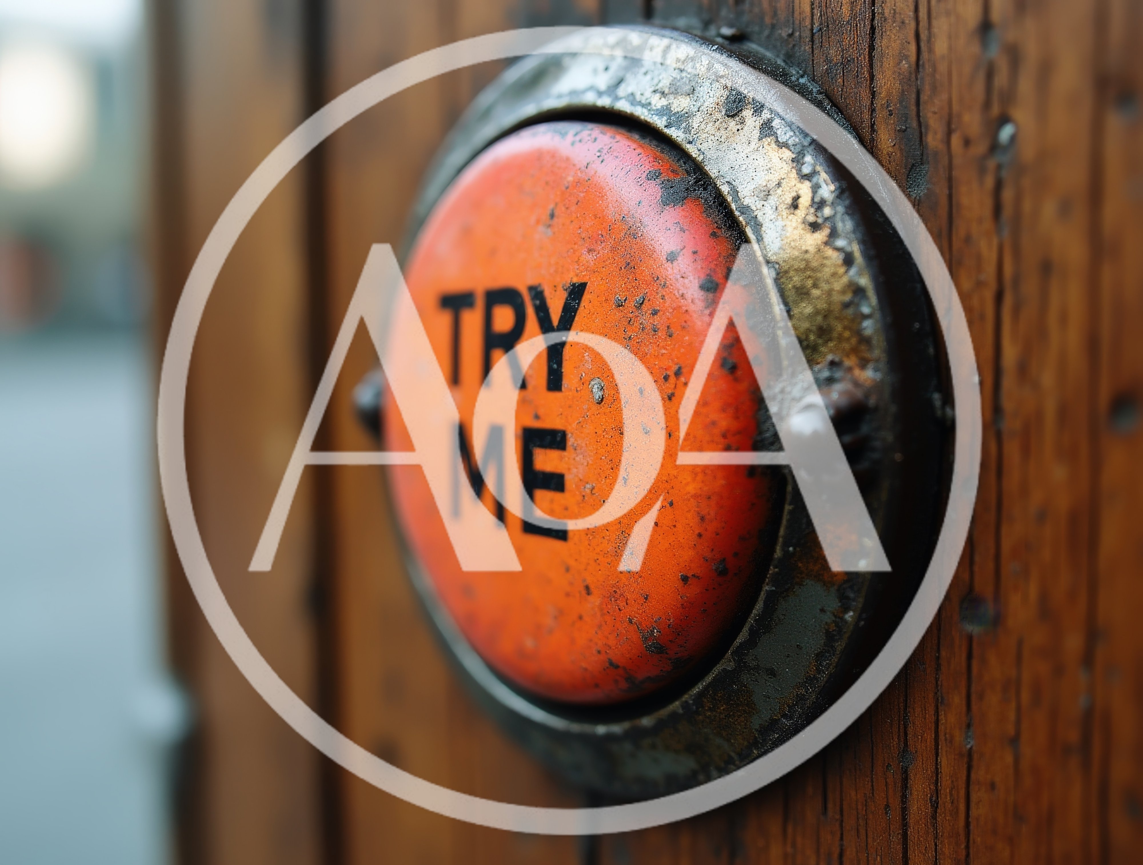 Weathered Orange Try Me Button On Wooden Surface