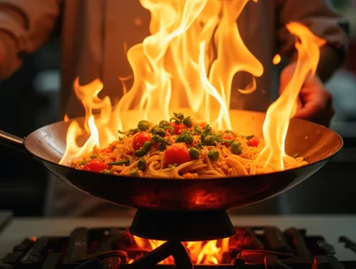 Chef Stir Frying Noodles In A Flaming Wok