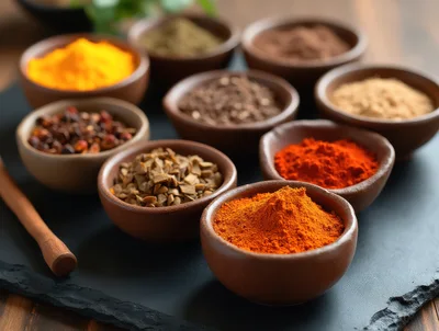Assorted Spices In Small Ceramic Bowls On Slate