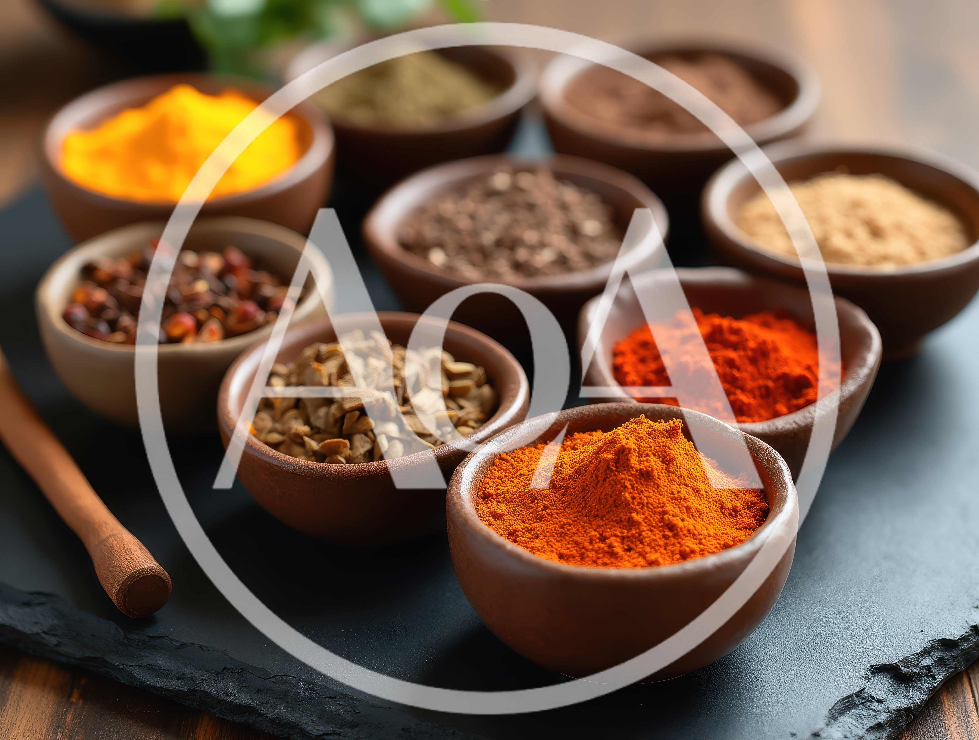 Assorted Spices In Small Ceramic Bowls On Slate
