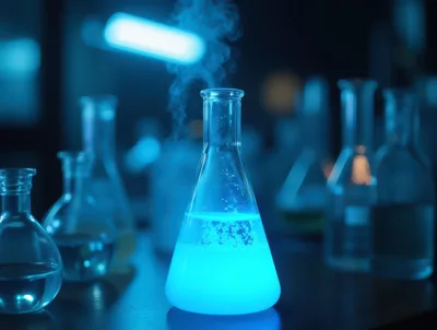 Glowing Blue Chemical Reaction in Laboratory Flask