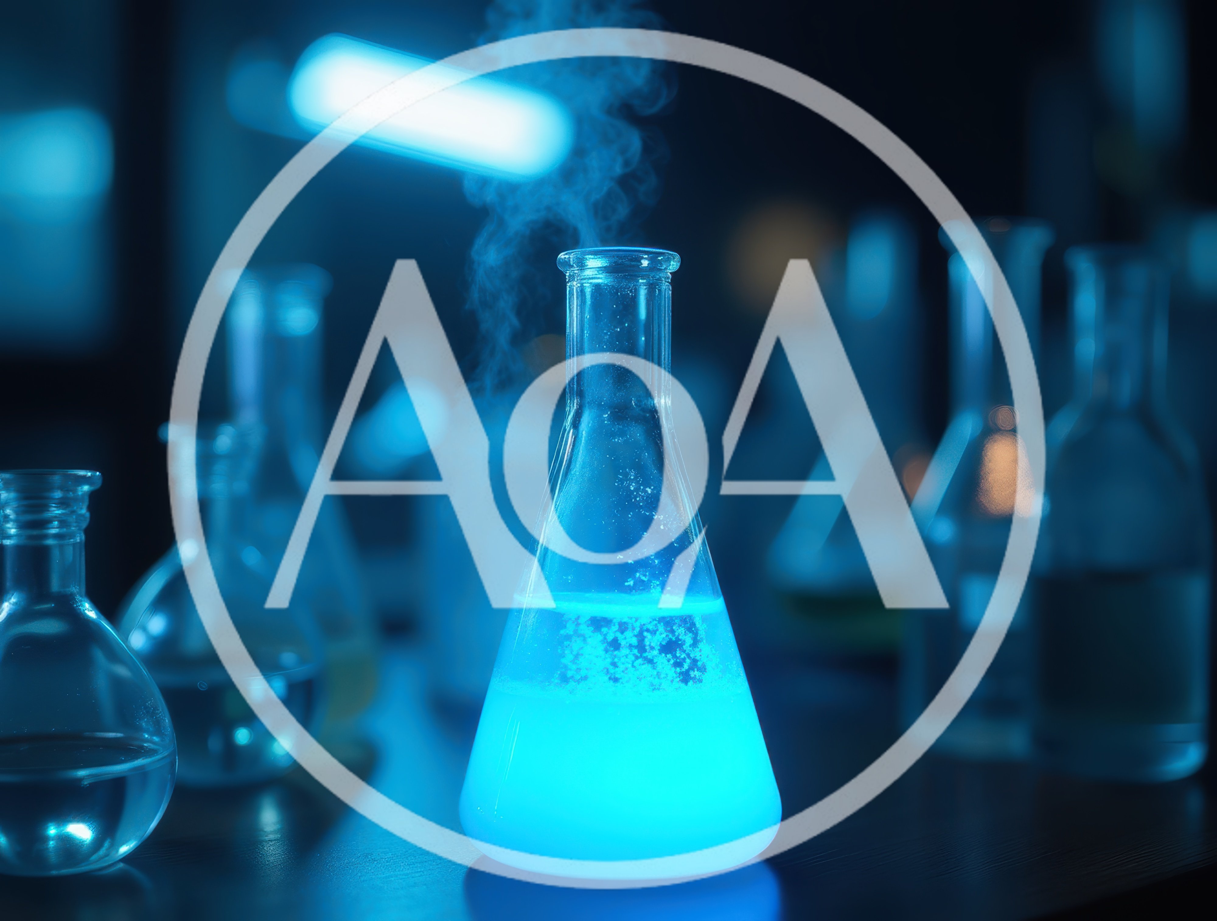 Glowing Blue Chemical Reaction in Laboratory Flask