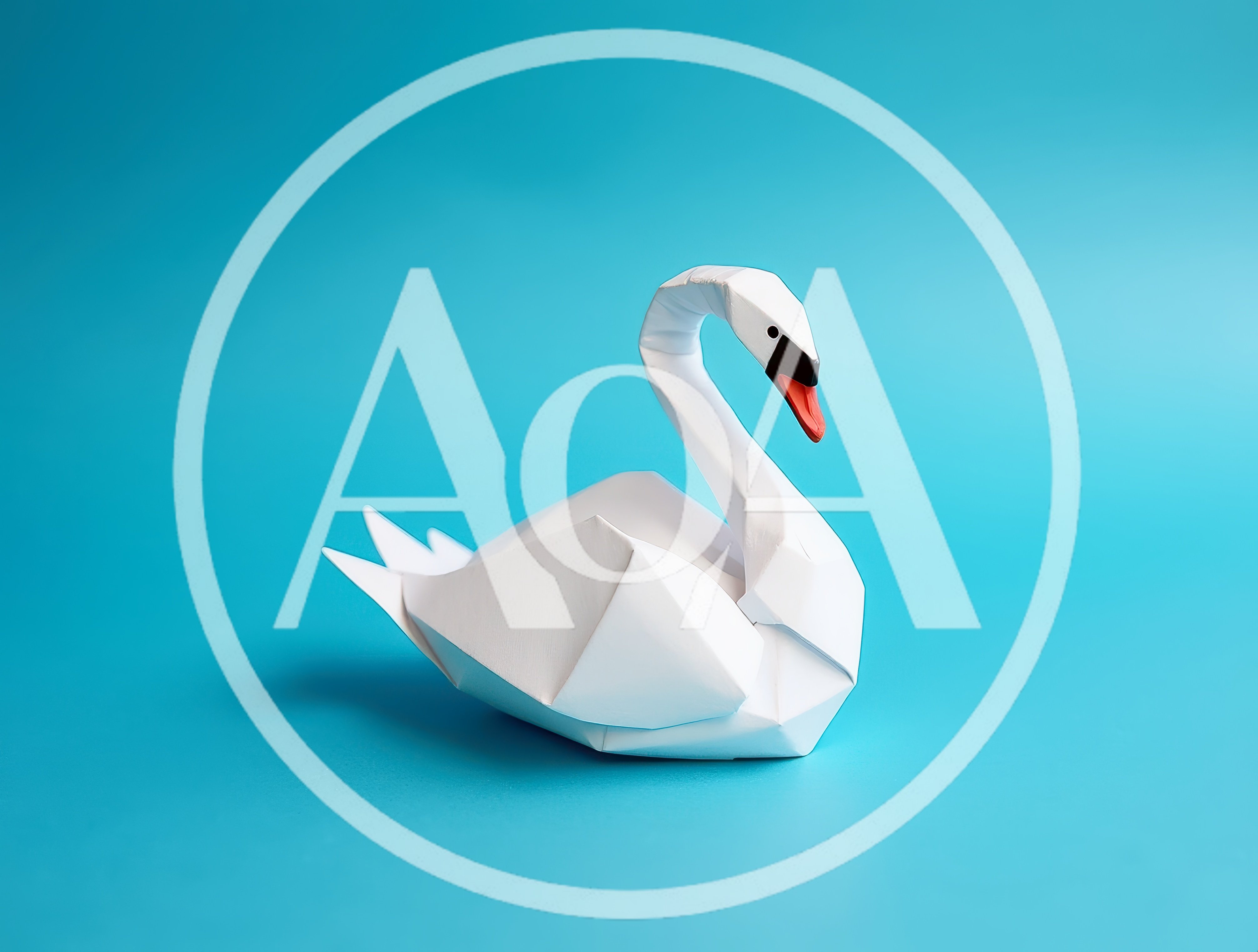 White Origami Swan Paper Sculpture on Blue Background