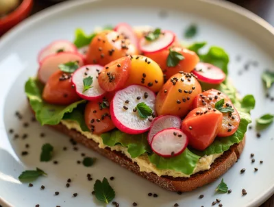 Open Faced Toast With Radishes And Tomatoes