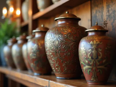Ornate Decorative Urns Displayed On Wooden Shelves