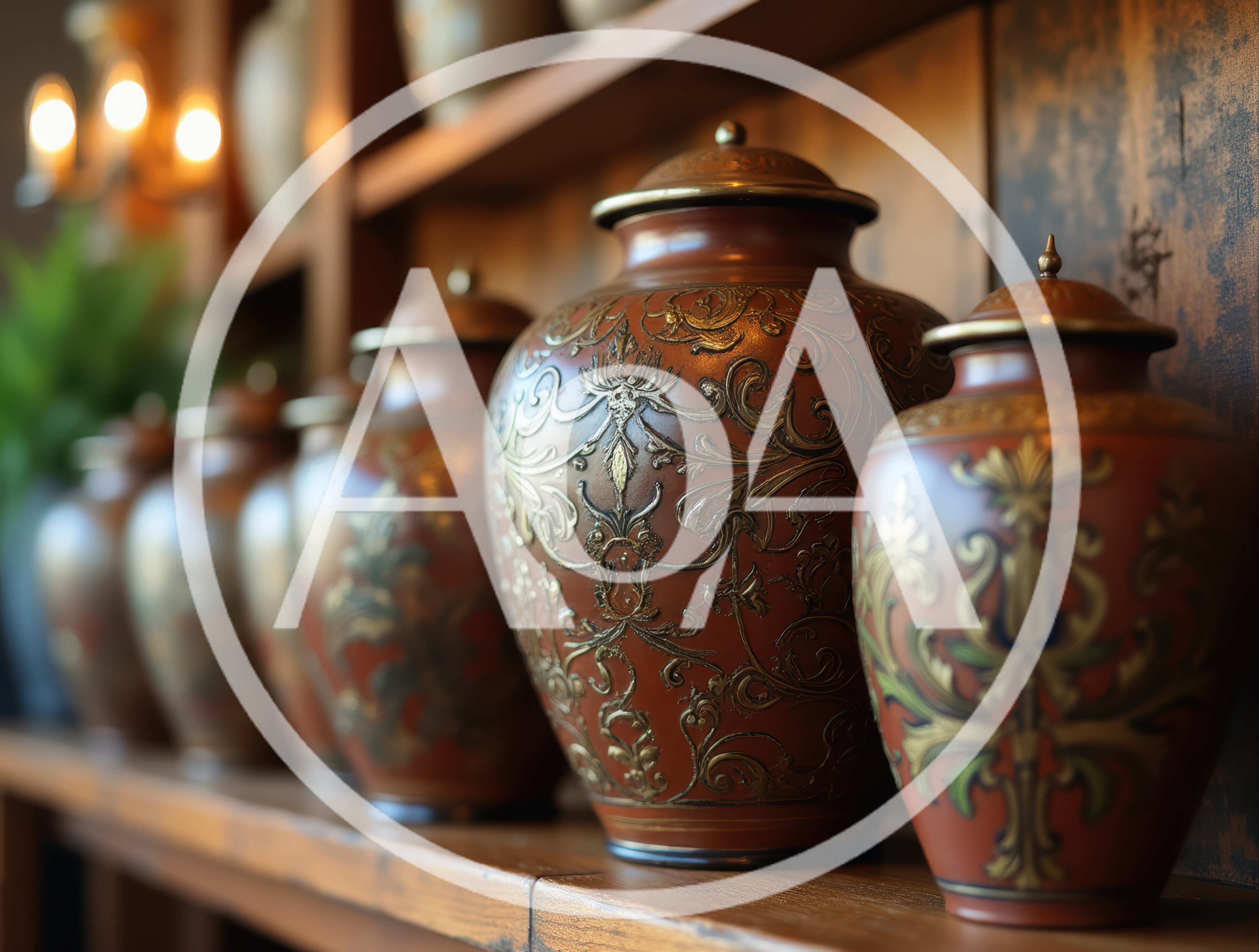 Ornate Decorative Urns Displayed On Wooden Shelves