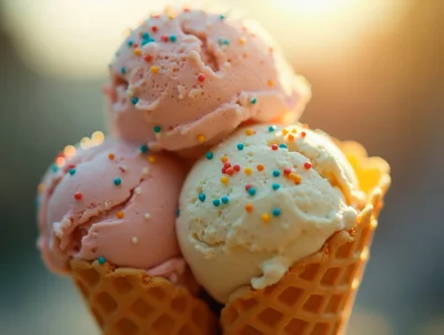 Three Scoops Of Ice Cream In Waffle Cones