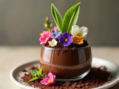 Chocolate Mousse Dessert Decorated With Edible Flowers