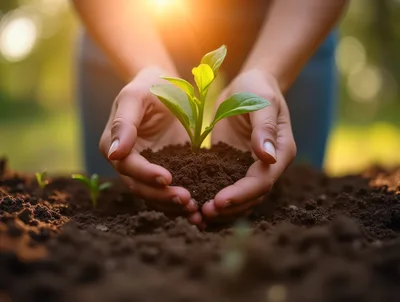 Hands Holding A Small Green Plant In Soil