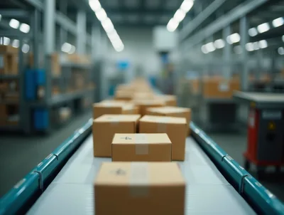 Cardboard Boxes Moving Along An Automated Warehouse Conveyor Belt