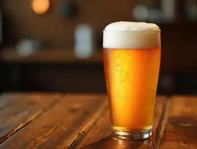 Cold Glass Of Golden Beer On Wooden Table