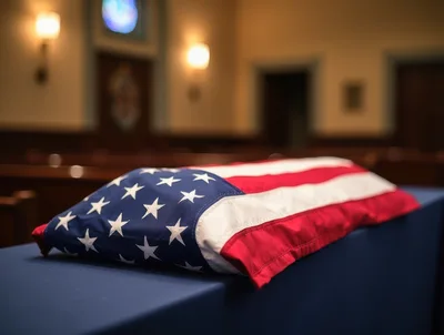 American Flag Draped Over A Casket In A Chapel