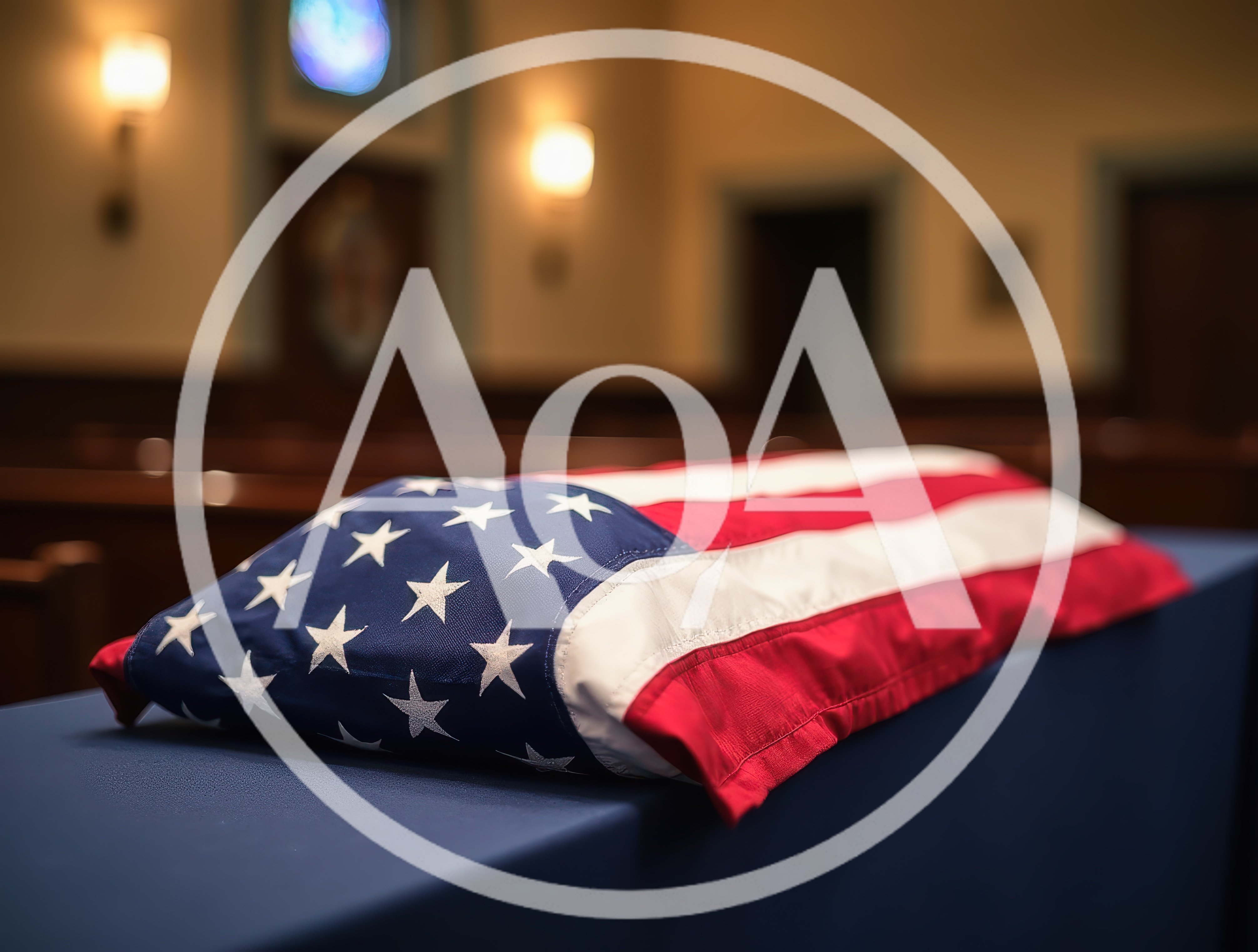 American Flag Draped Over A Casket In A Chapel