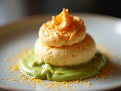 Gourmet Savory Souffle Plated With Green Puree
