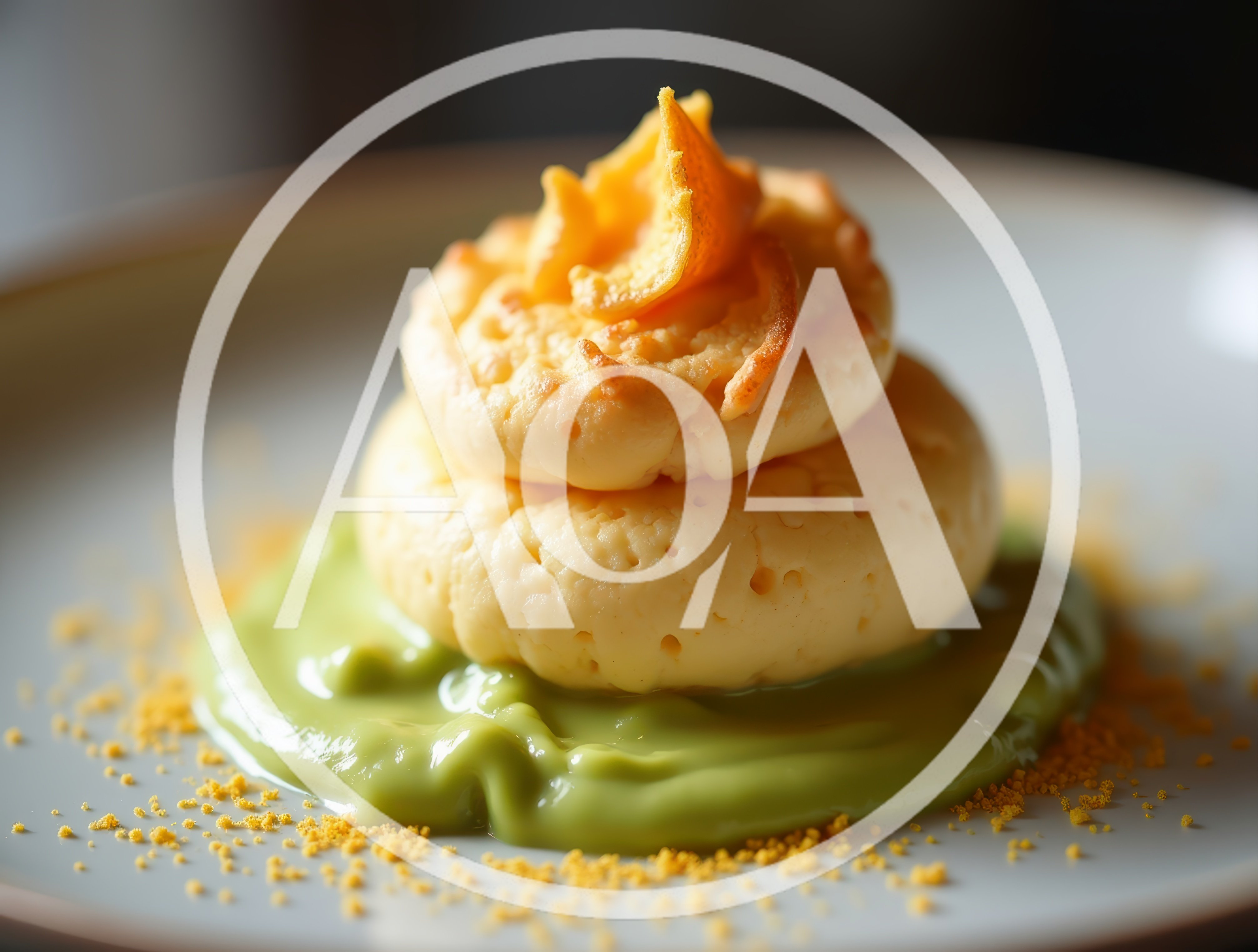 Gourmet Savory Souffle Plated With Green Puree
