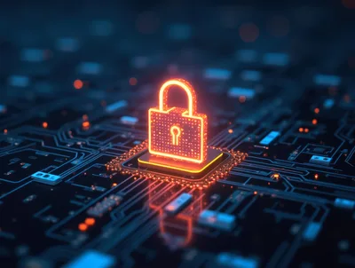 Glowing Digital Padlock Icon On Computer Circuit Board