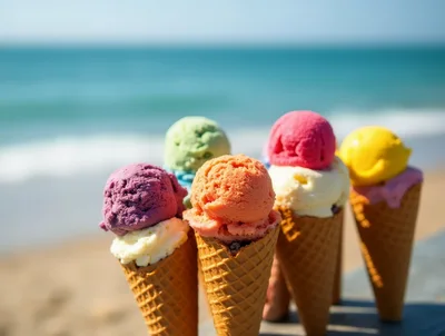 Colorful Ice Cream Cones On A Sunny Beach