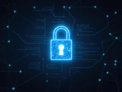 Glowing Digital Padlock Icon on Cyber Security Background