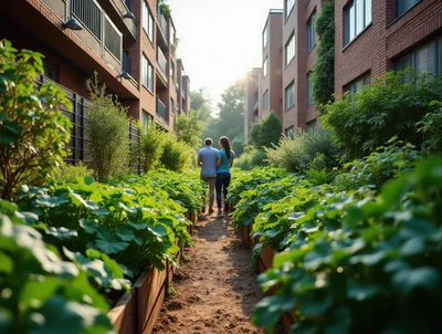 Couple Walking Through An Urban Community Garden