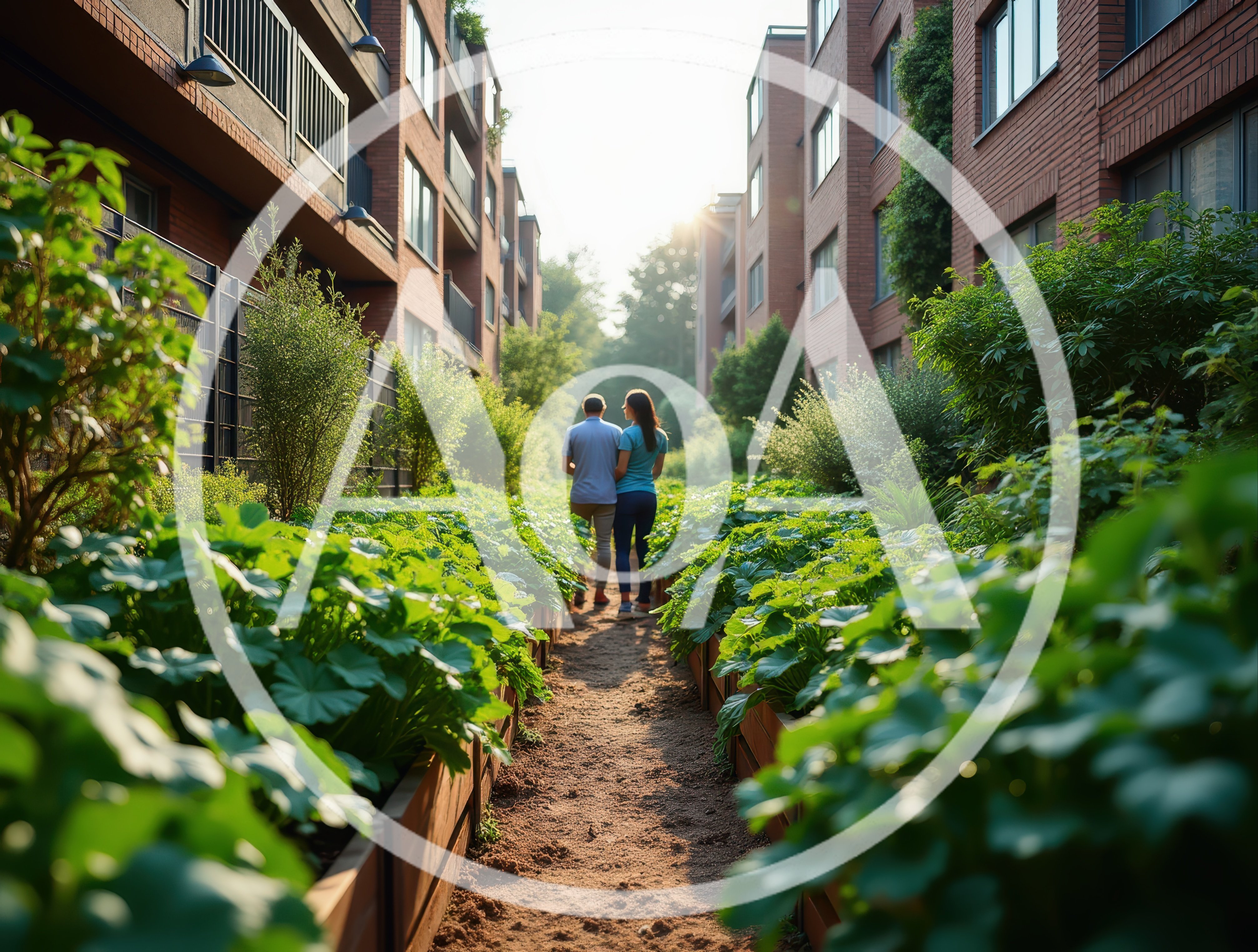 Couple Walking Through An Urban Community Garden