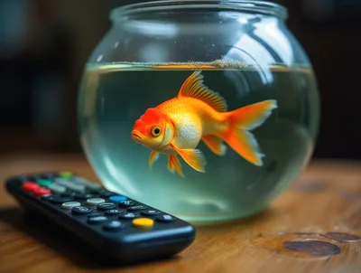 Goldfish Swimming In A Glass Bowl Beside Remote Control