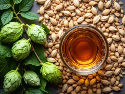 Glass Of Beer With Fresh Hops And Malt Grains