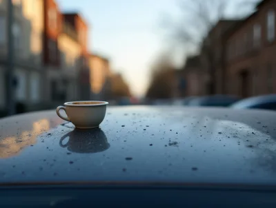 Coffee Cup Resting On A Car Roof At Sunset