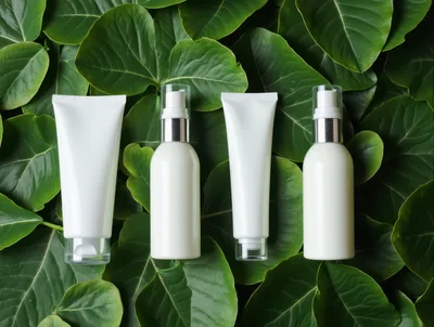 Blank Cosmetic Bottles And Tubes On Green Leaves