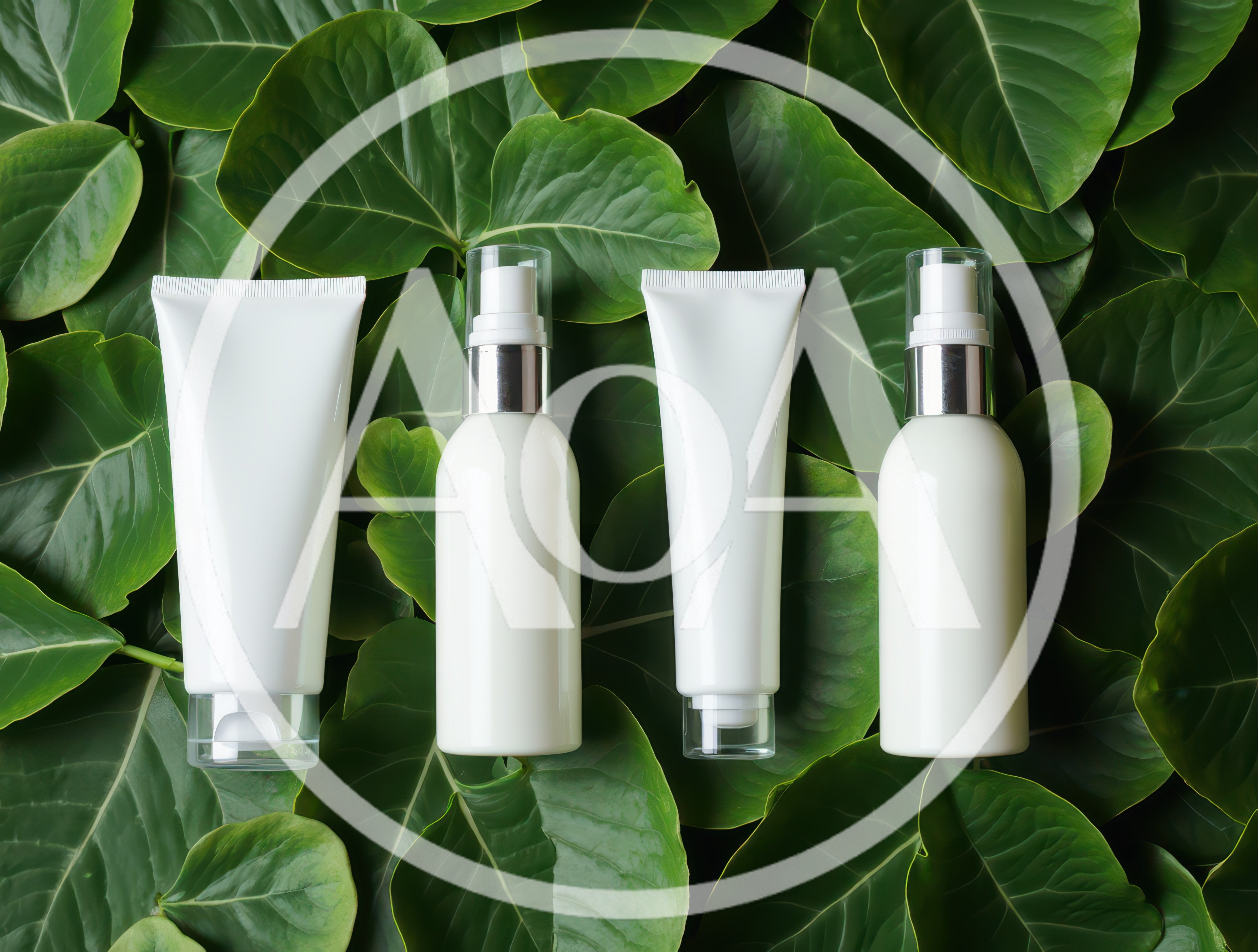 Blank Cosmetic Bottles And Tubes On Green Leaves