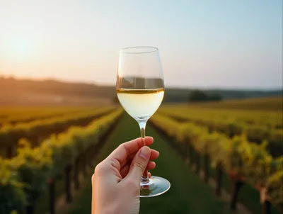 Hand Holding Wine Glass In A Vineyard At Sunset