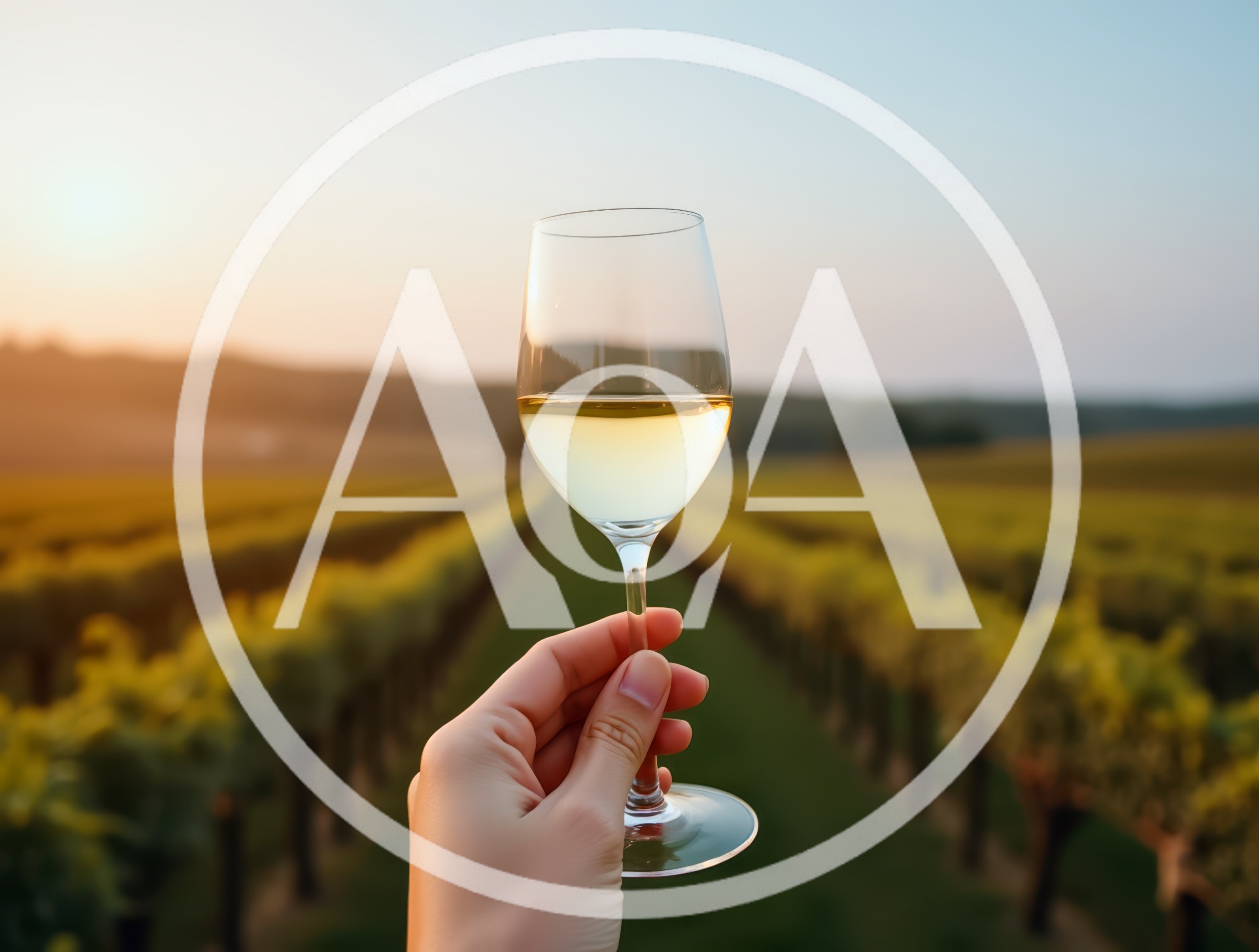 Hand Holding Wine Glass In A Vineyard At Sunset
