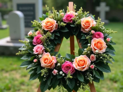 Funeral Wreath With Roses On Wooden Easel