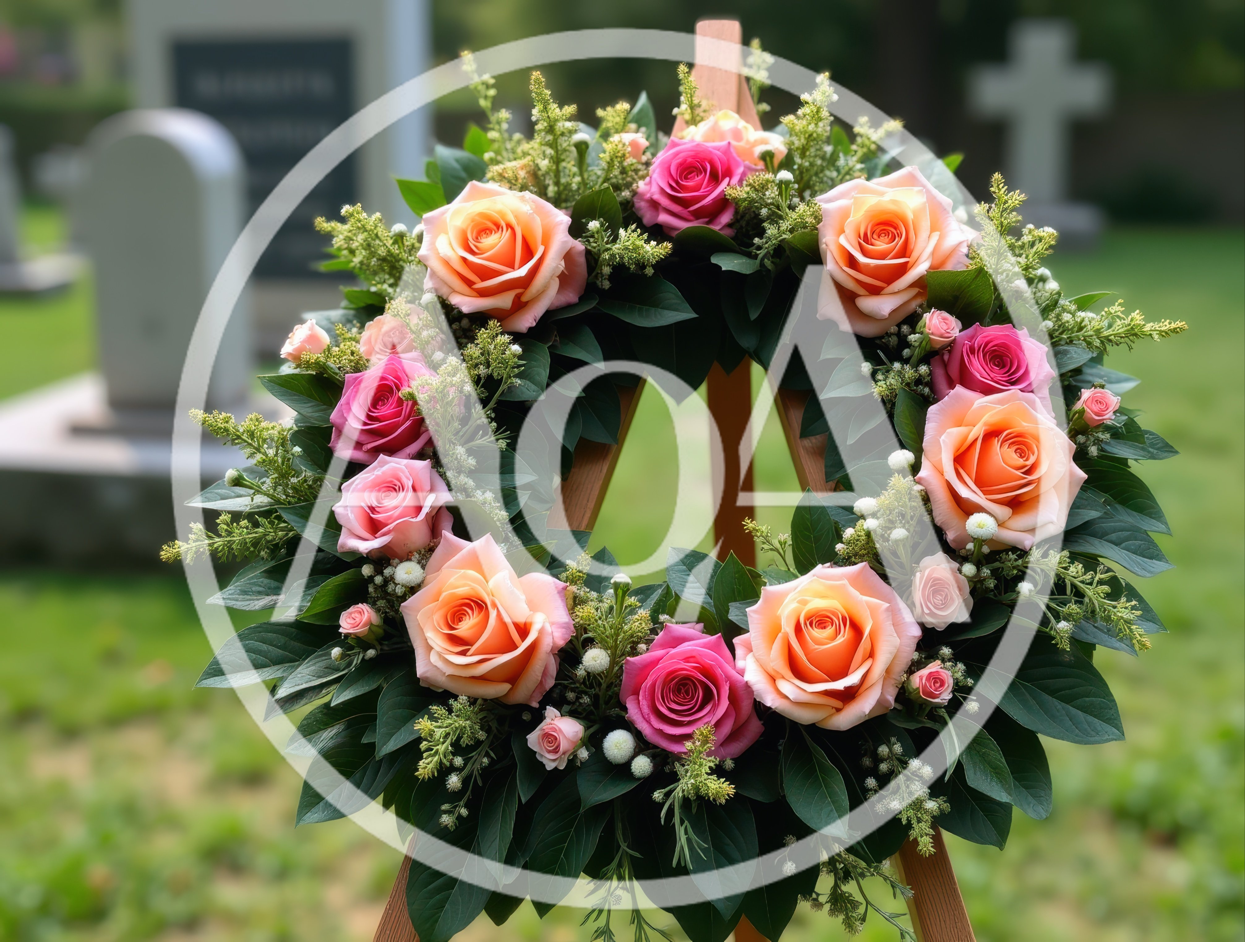Funeral Wreath With Roses On Wooden Easel