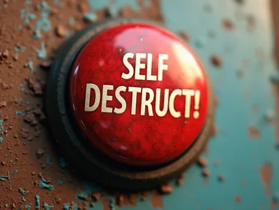Red Self Destruct Button On Weathered Metal Surface