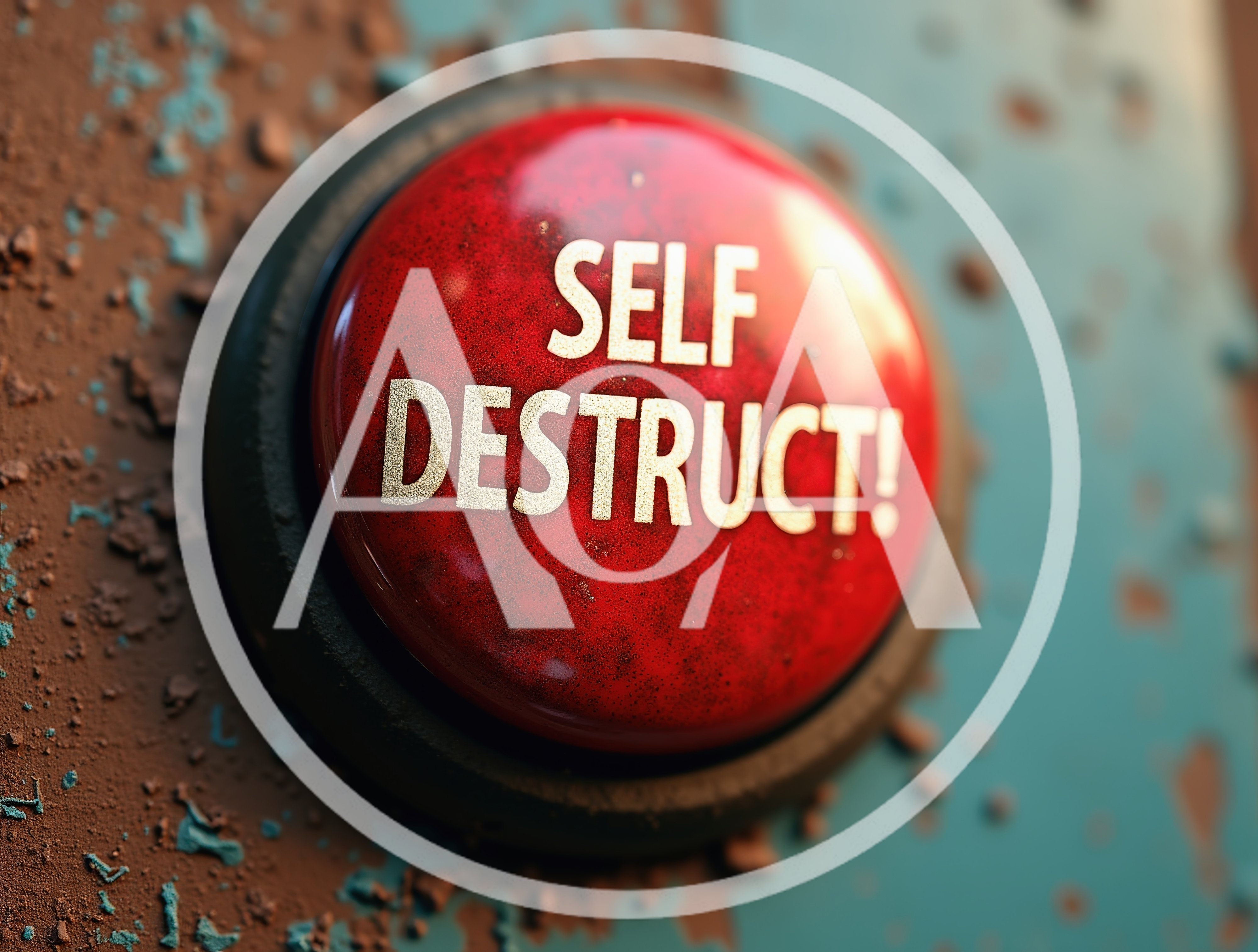 Red Self Destruct Button On Weathered Metal Surface