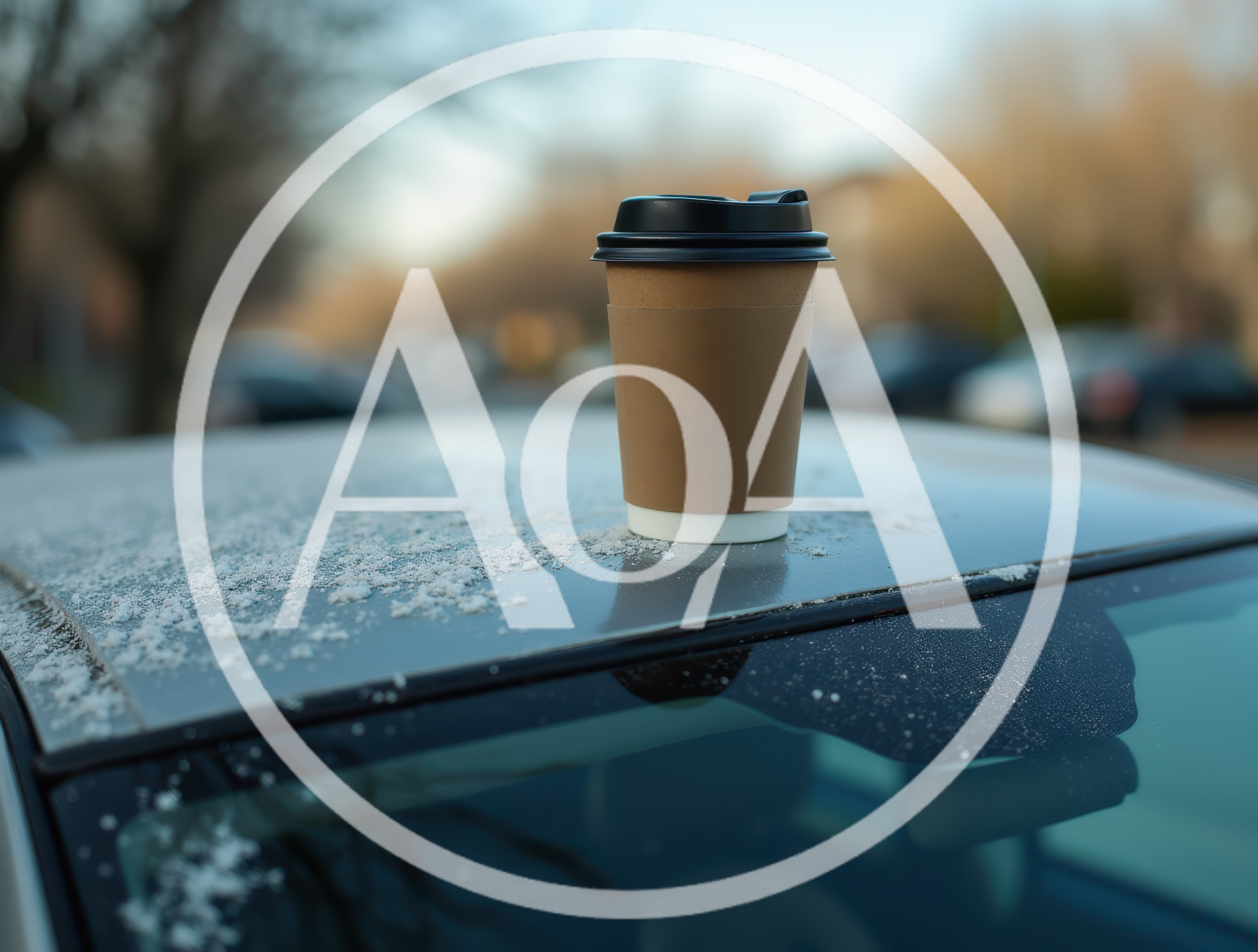Disposable Coffee Cup Sitting On A Frosty Car Roof