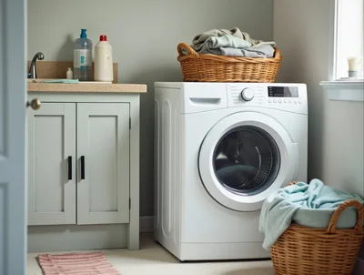 Modern Laundry Room With Washing Machine And Wicker Baskets