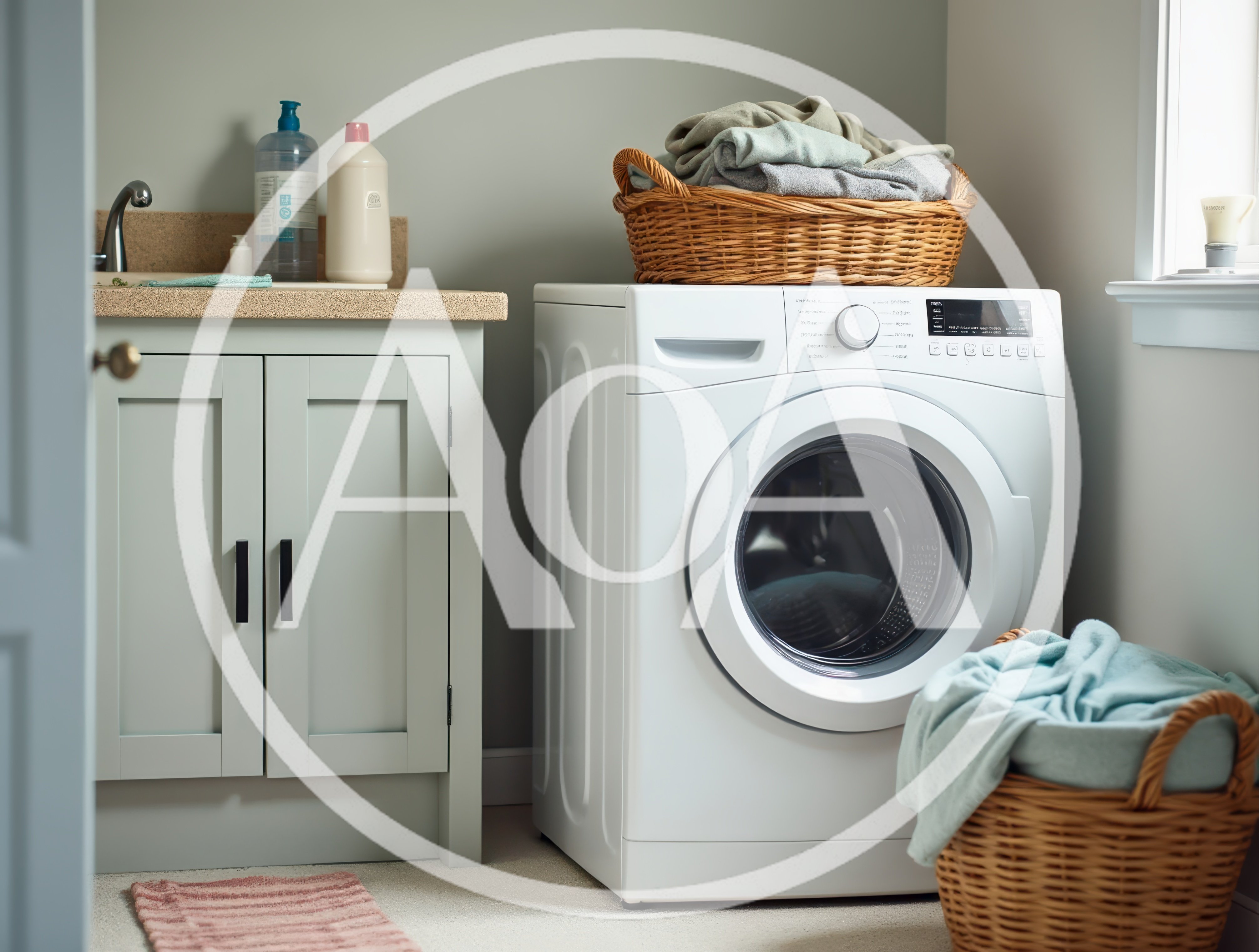 Modern Laundry Room With Washing Machine And Wicker Baskets