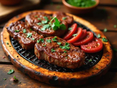 Grilled Meat Patties Served On A Wooden Platter