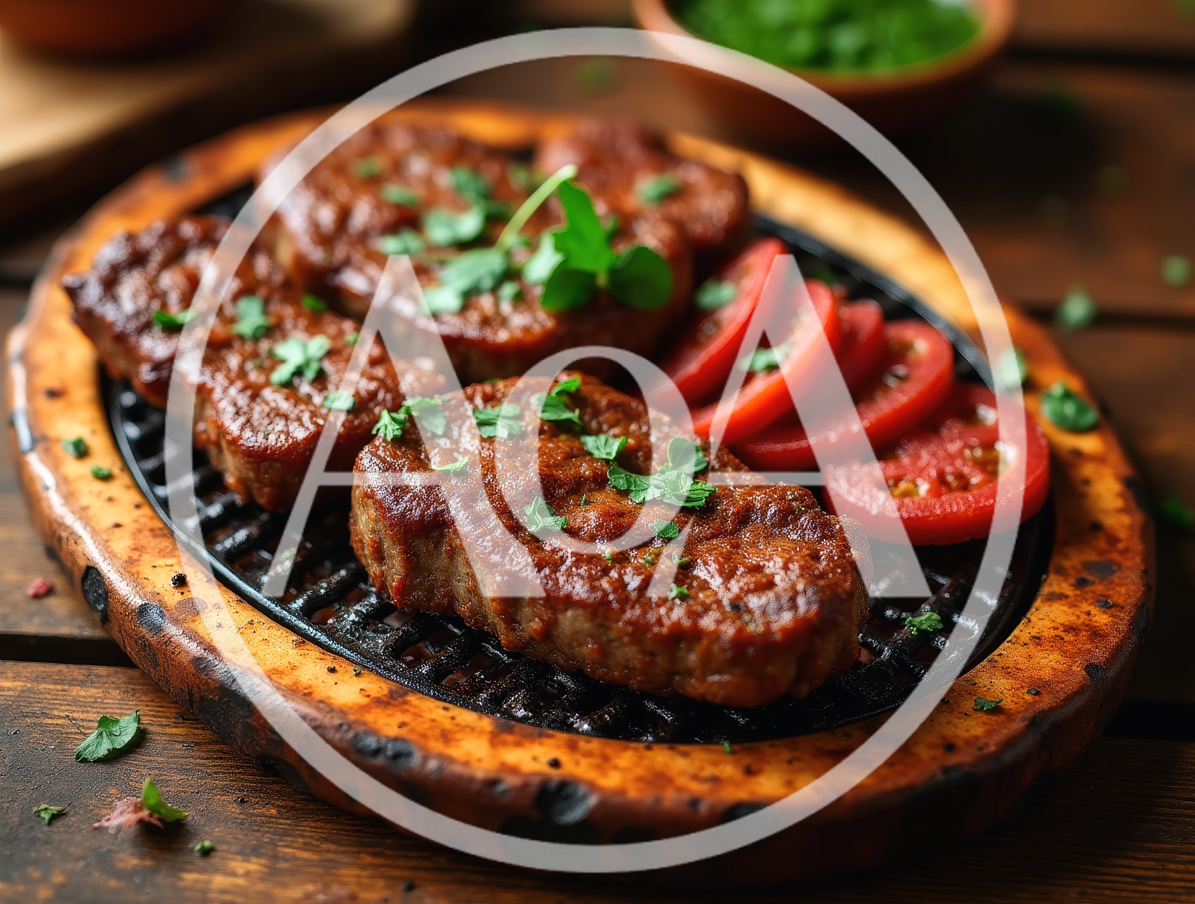 Grilled Meat Patties Served On A Wooden Platter