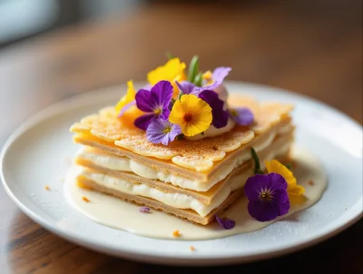 Gourmet Mille-Feuille Dessert With Edible Flowers