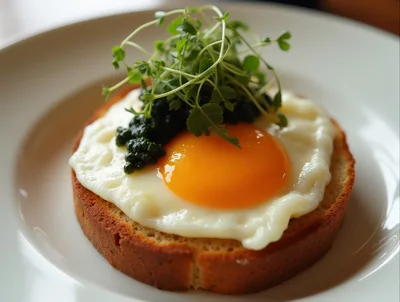 Fried Egg on Toasted Bread with Caviar and Microgreens