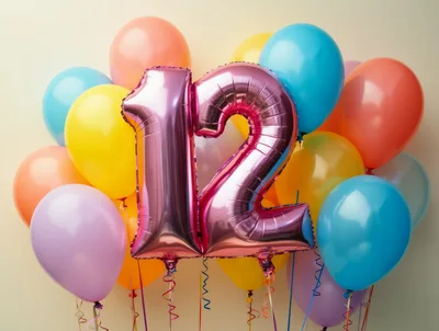 Pink Number Twelve Foil Balloon With Colorful Party Balloons